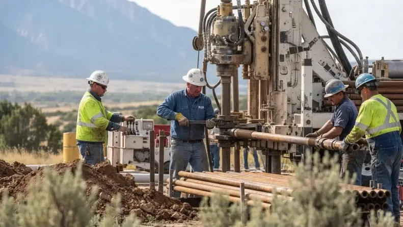 Water well drilling rig and support equipment accessing a prepared rural site in Costilla County