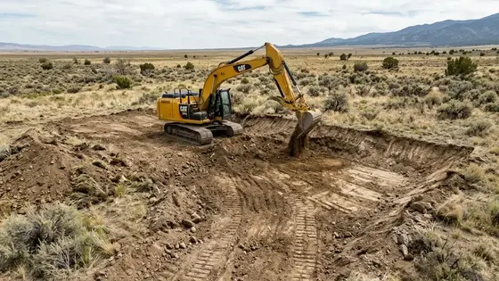 Yellow tracked excavator performing rough earthwork on a rural building pad with graded soil and an open Costilla County landscape