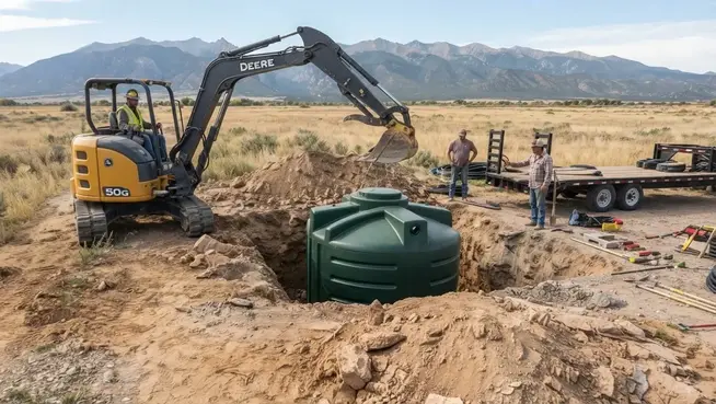 Rural cistern water storage installation area with excavation and equipment on Costilla County property