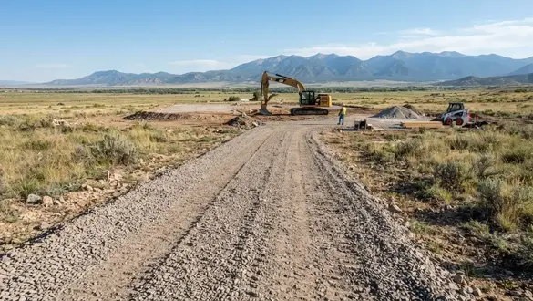 Gravel construction access route leading toward a future rural homesite in Costilla County Colorado