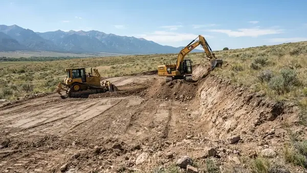 Rural cut and fill earthwork being used to prepare a graded building area in Costilla County