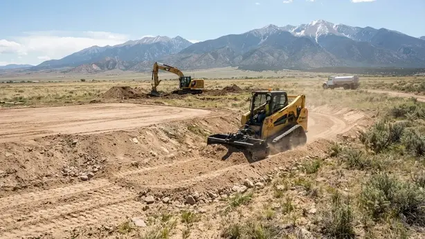 Rural grading and drainage work shaping finished ground and surface water paths in Costilla County