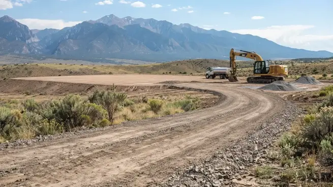 Graded rural driveway providing construction access to a prepared house pad in Costilla County, Colorado
