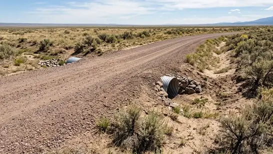 Rural gravel access road with a drainage culvert and shaped roadside swale in Costilla County, Colorado
