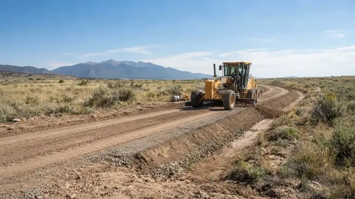 Rural driveway being graded to improve drainage and manage surface runoff in Costilla County Colorado