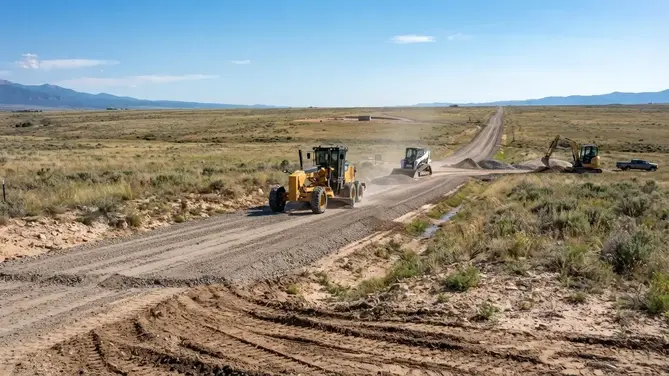 Motor grader shaping a long rural private access road across undeveloped acreage in Costilla County Colorado