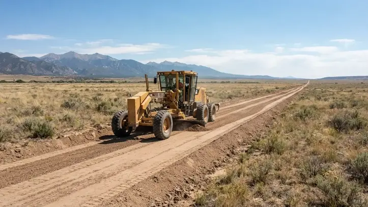 Motor grader shaping a rural private access road across undeveloped acreage in Costilla County Colorado