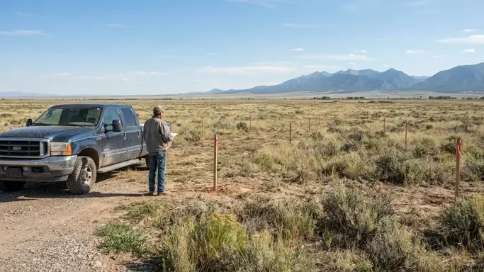 Rural property access route being planned with survey stakes across undeveloped acreage in Costilla County Colorado