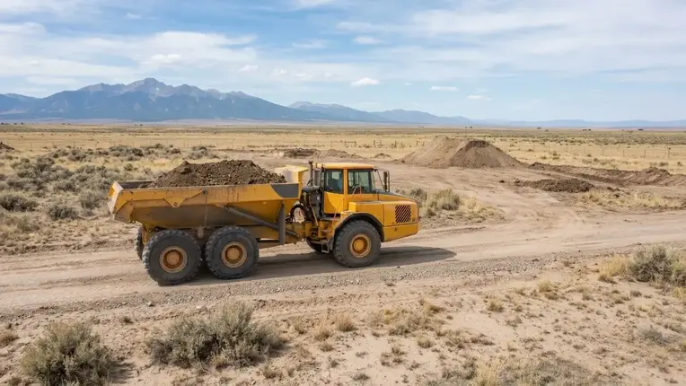 Articulated dump truck transporting excavated soil across an undeveloped rural construction site