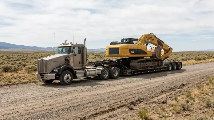 Lowboy transport trailer carrying a tracked excavator along a rural gravel access road in Costilla County, Colorado