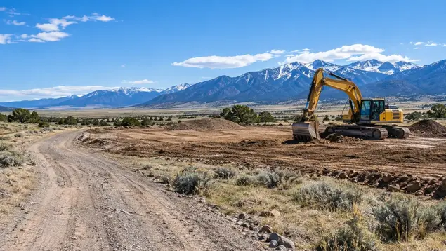 Excavator preparing a rural building site in Costilla County Colorado