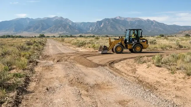 Existing rural driveway being reshaped and regraded across acreage in Costilla County Colorado