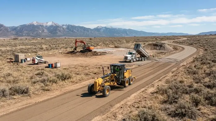 Rural construction site with grader, dump truck, and staged earthwork showing coordinated site preparation
