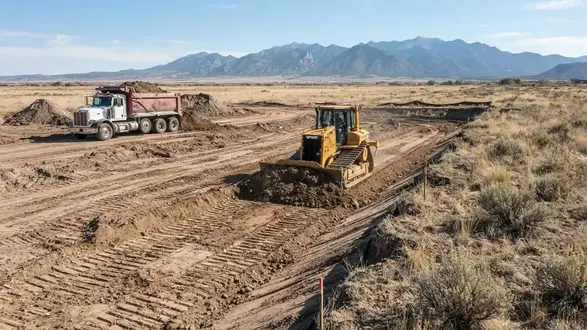 Bulldozer and dump truck performing cut and fill earthwork on rural Costilla County Colorado property