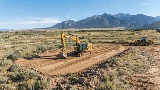 Excavator shaping a rural building area during a Costilla County land grading and site preparation project