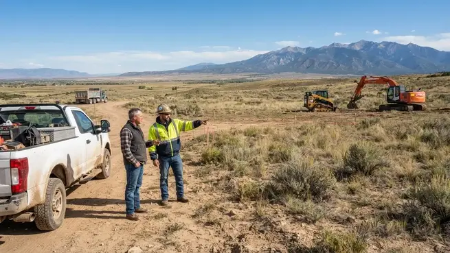 Contractor reviewing a rural grading site with equipment and proposed development area in Costilla County