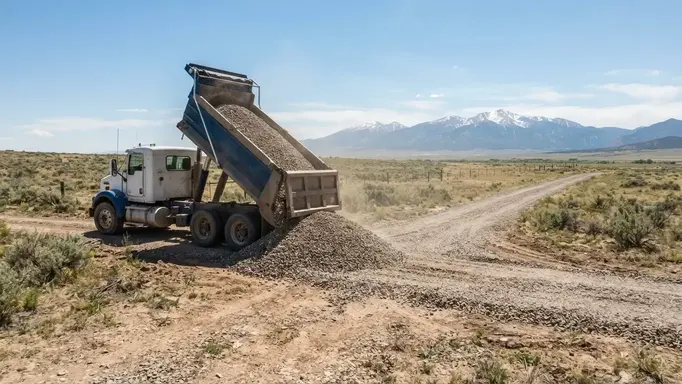 Dump truck delivering gravel to a rural driveway on undeveloped Costilla County property