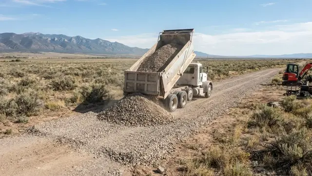 Dump truck delivering fresh gravel onto a prepared rural access route on a large property in Costilla County Colorado