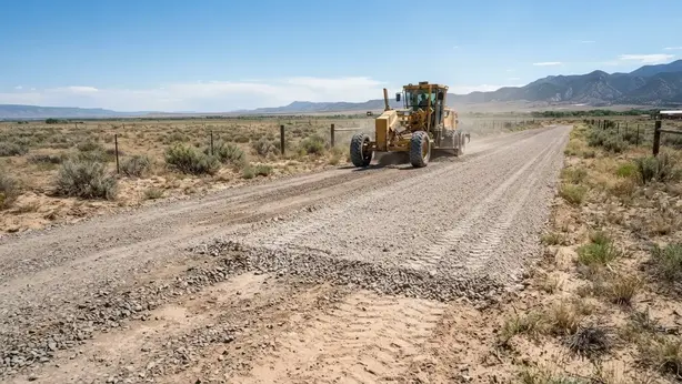 Existing rural gravel driveway being resurfaced and reshaped on a Costilla County property