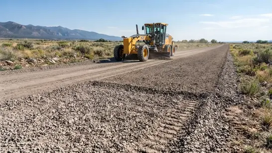 Fresh gravel being spread and graded across a rural driveway in Costilla County Colorado