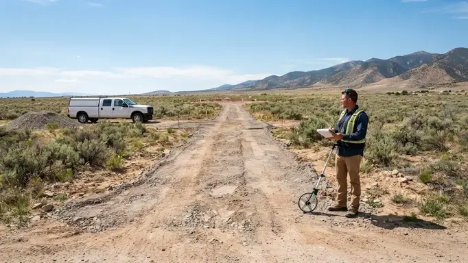 Rural gravel driveway project being measured and planned on undeveloped Costilla County property