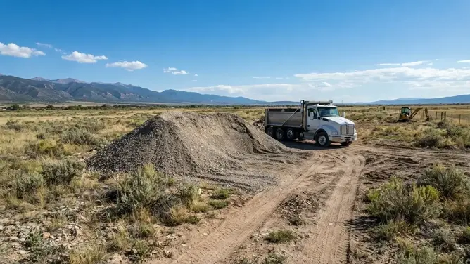 Aggregate delivered and stockpiled beside a rural access route in Costilla County Colorado
