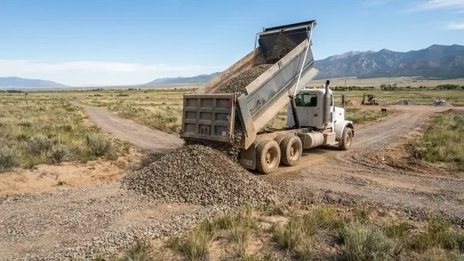 Dump truck delivering gravel to a rural property access route in Costilla County Colorado