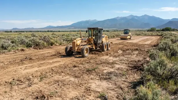 Rural Costilla County Colorado property being graded after vegetation clearing with exposed ground and construction equipment