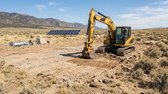 Yellow tracked excavator preparing a limited work area for a ground mounted solar array on rural Costilla County land