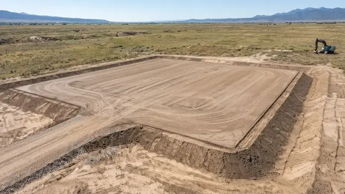 Prepared rural house pad with graded drainage transitions and surrounding runoff paths in Costilla County, Colorado