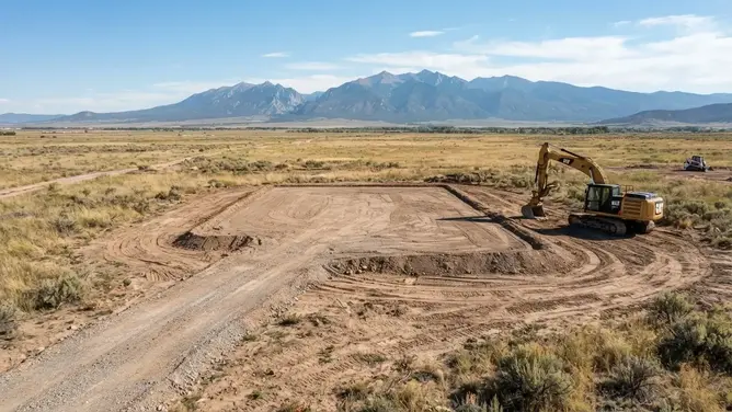 Rural house pad being prepared with excavation and grading equipment on undeveloped Costilla County property