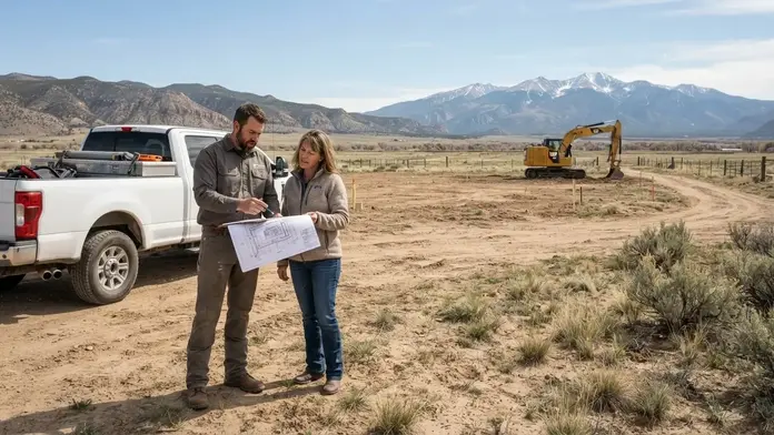 Contractor reviewing a rural house pad project with a property owner in Costilla County Colorado