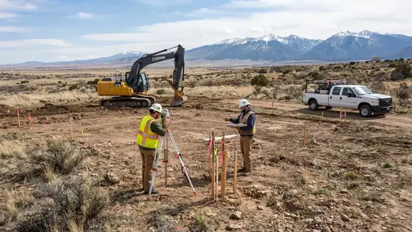 Survey and elevation work being performed on a rural Costilla County building site before house pad excavation