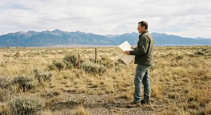 Prospective land buyer reviewing a property map while inspecting open rural acreage in Costilla County, Colorado