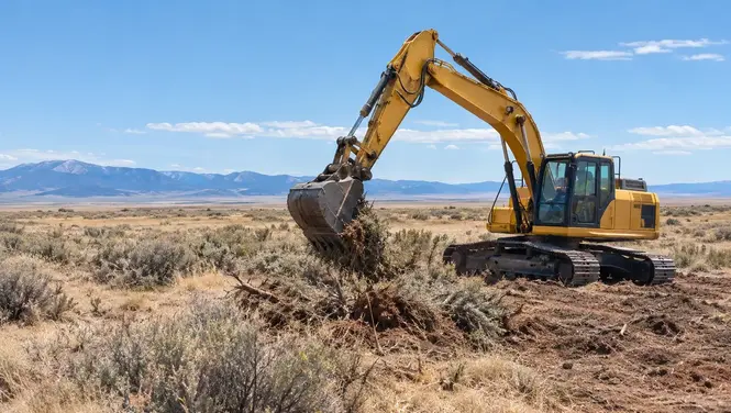 Land clearing equipment removing vegetation from rural property in Costilla County Colorado