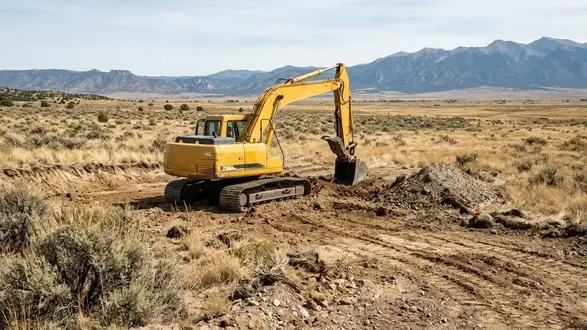 Yellow tracked excavator preparing an undeveloped rural homesite on open Costilla County acreage, with dry valley grasses and distant southern Colorado mountains