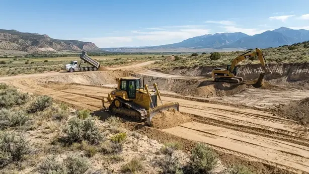 Rural land grading operation in Costilla County with a tracked dozer shaping a broad development area