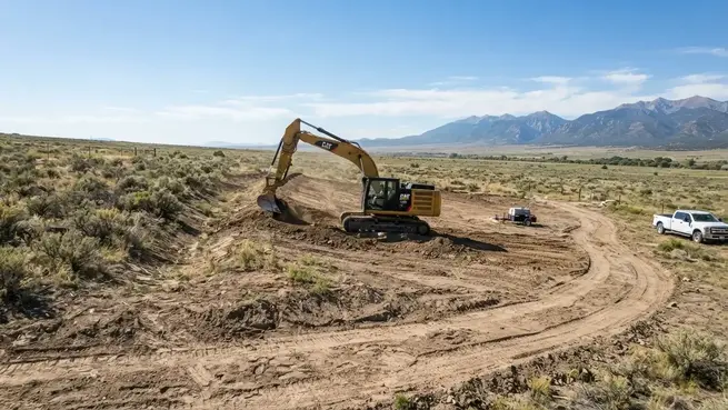 Rural grading project showing terrain, drainage and equipment access considerations in Costilla County Colorado