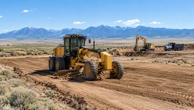 Land grading equipment shaping rural property for a future homesite in Costilla County Colorado