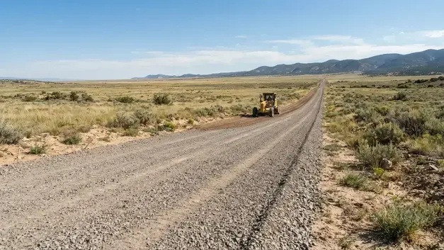 Long graded gravel road extending across undeveloped rural acreage in Costilla County Colorado