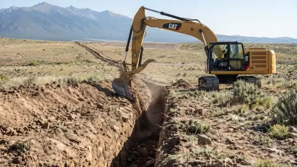 Long utility trench extending across undeveloped rural acreage in Costilla County, Colorado