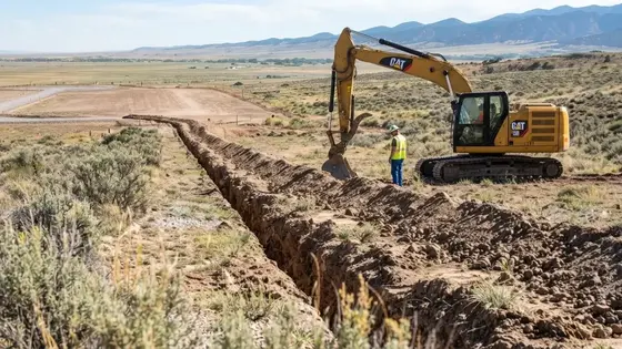 Long underground utility trench extending across rural Costilla County acreage toward a future homesite
