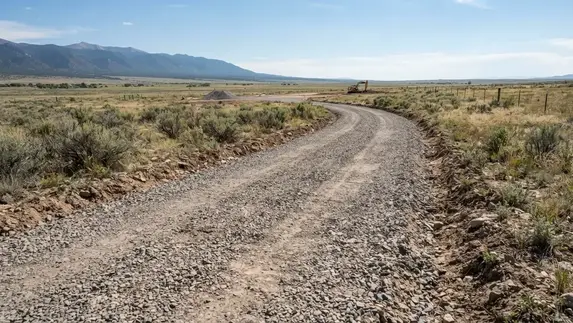 Newly constructed rural gravel driveway extending across undeveloped property in Costilla County Colorado