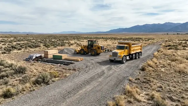 Rural off-grid construction staging area on open Costilla County, Colorado acreage with a gravel access route, loader, dump truck, and organized building materials