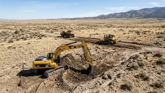 Excavator, bulldozer, and articulated dump truck performing coordinated earthwork on undeveloped rural land in Costilla County, Colorado
