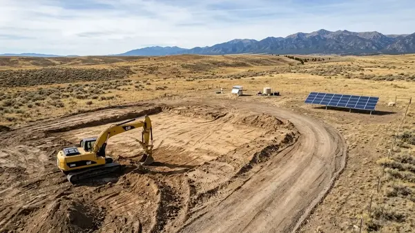 Tracked excavator preparing a rural building pad and access route on undeveloped Costilla County acreage for a future off-grid homesite