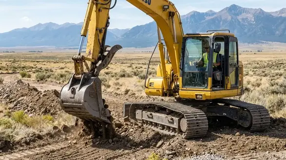 Yellow tracked excavator preparing construction access across undeveloped rural acreage in Costilla County, Colorado, with dry grass, sagebrush and distant foothills