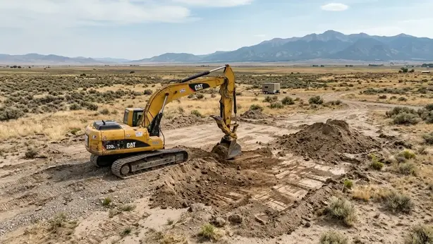 Excavator preparing an off grid homesite on open Costilla County, Colorado acreage with dry valley grasses and gravelly soil