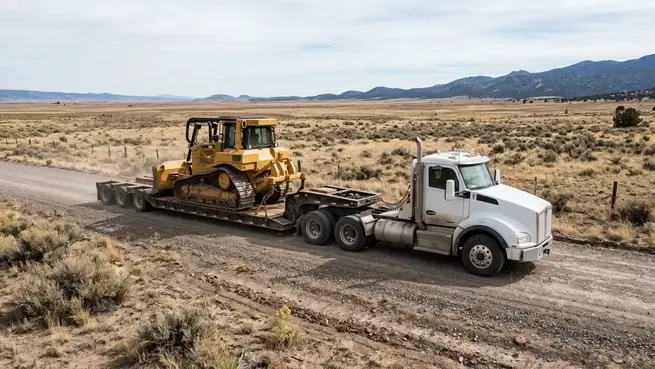 Heavy duty transport truck hauling a tracked bulldozer on a lowboy trailer along a rural gravel road through open Costilla County, Colorado acreage