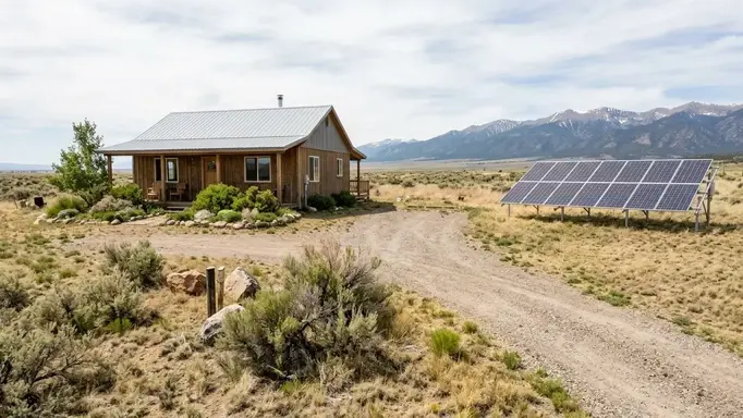 Planned rural homesite with a cabin area, ground mounted solar array, and coordinated construction access